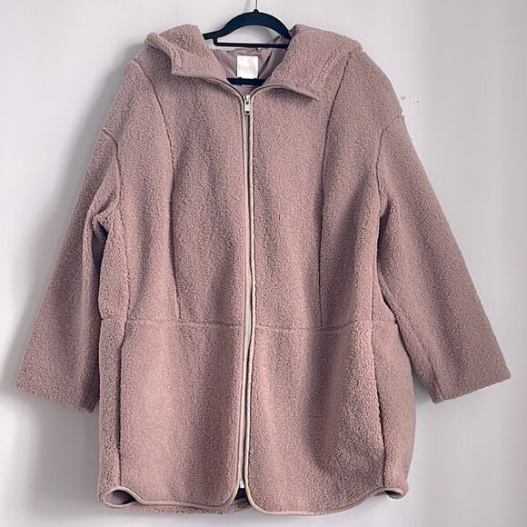 H&M plush teddy shearling full zip hooded oversized lined coat sz XL - Picture 1 of 9